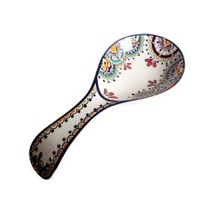 Dash Of That Ceramic Spoon Rest White Floral Design Large Ladle Size Earthenware